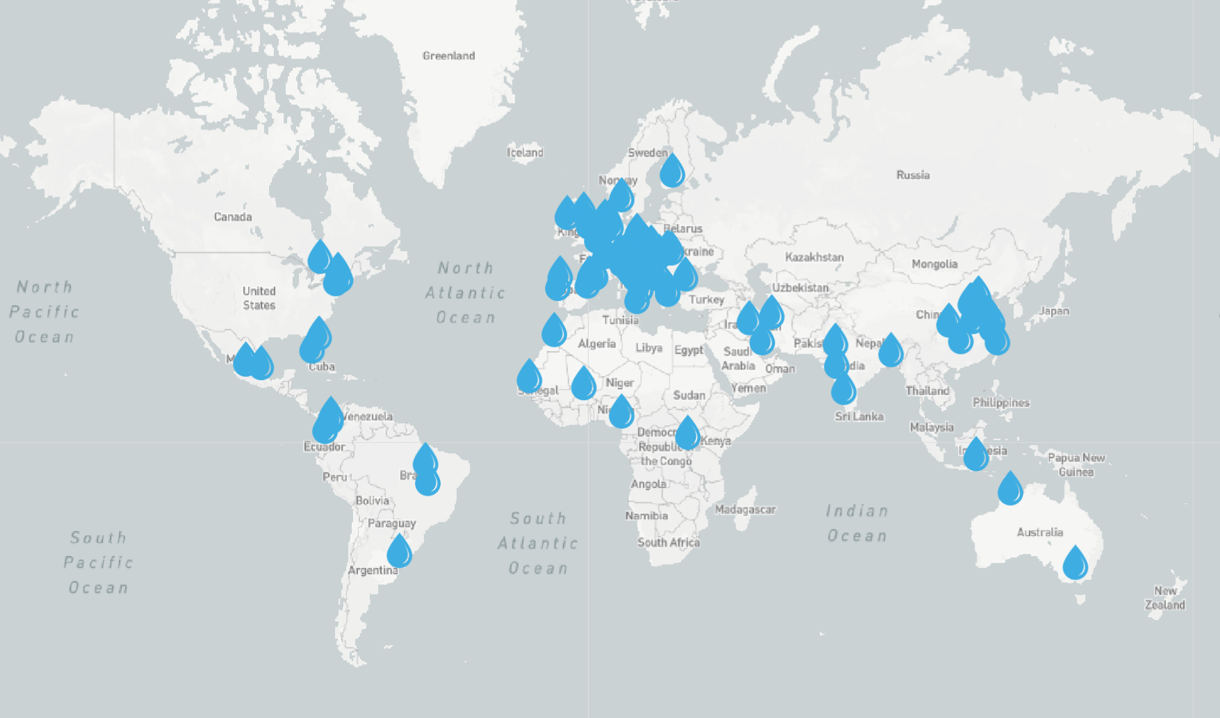 World map showing WAMU-NET water museum locations — Canadian Museum Of Water is Canada's first member